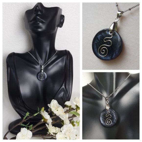 Handmade Pendant Necklace Charcoal Black Floating Swirl Metallic Shimmer Pendant - Picture 8 of 8